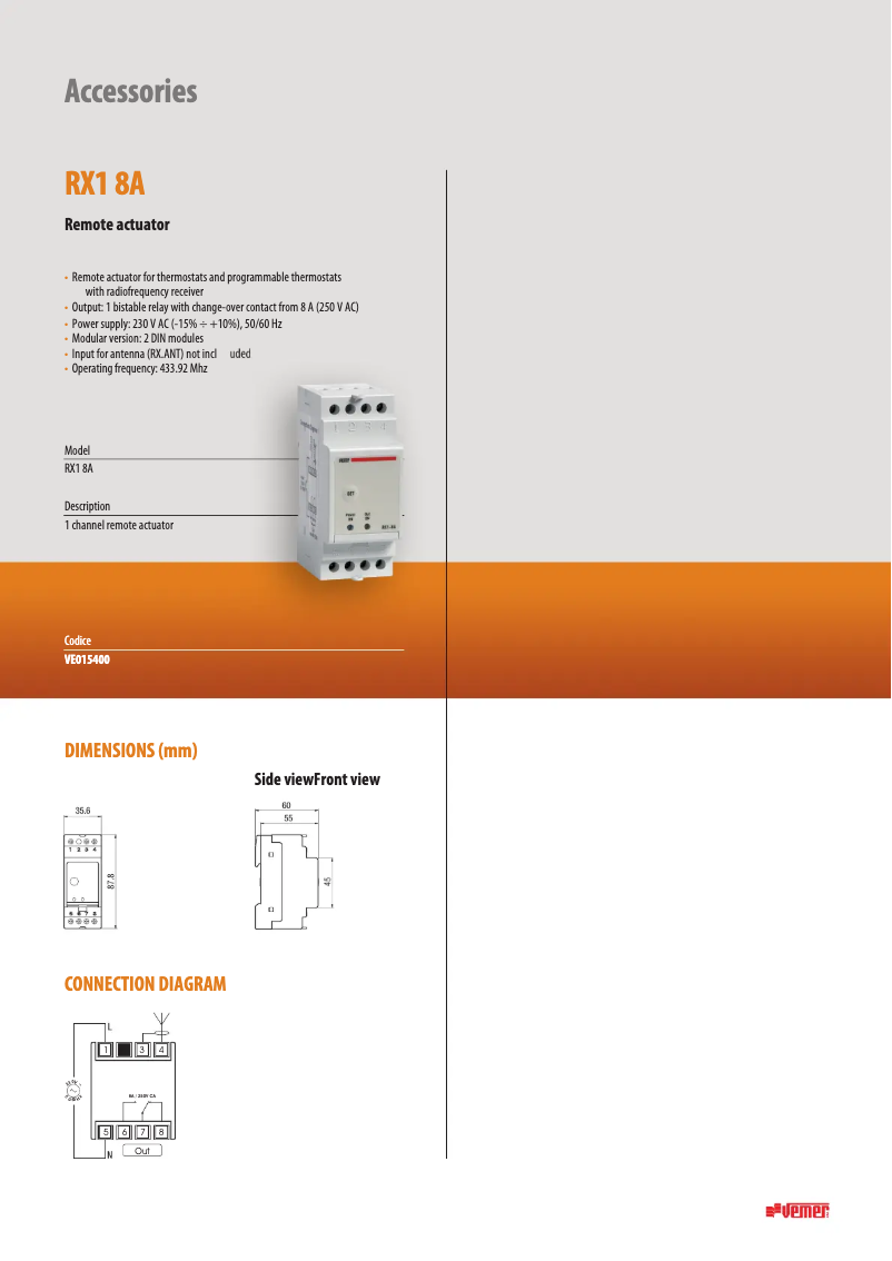 Page 1 de la notice Fiche technique Vemer RX1-8A