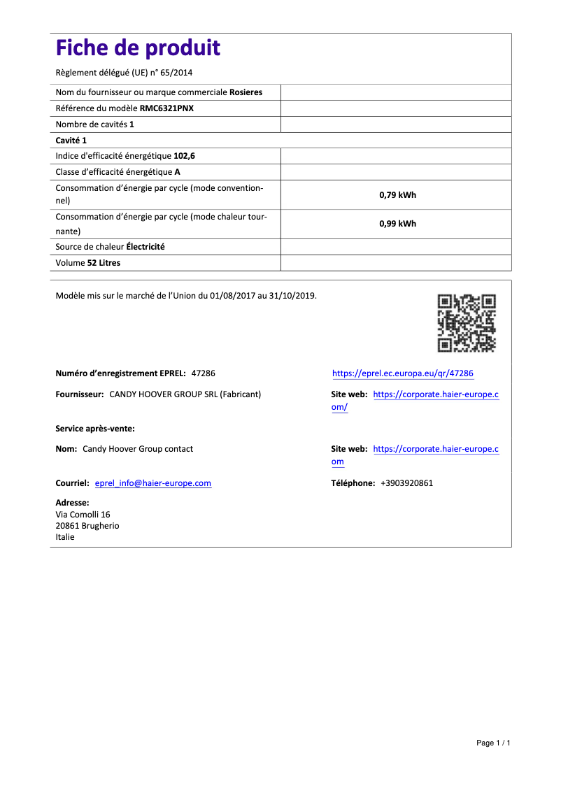 Page n°1 - Fiche technique Rosieres RMC 6321 PNX