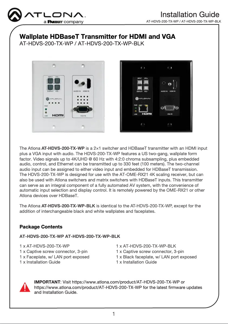 Página 1 del manual Guía de instalación Atlona AT-HDVS-200-TX-WP