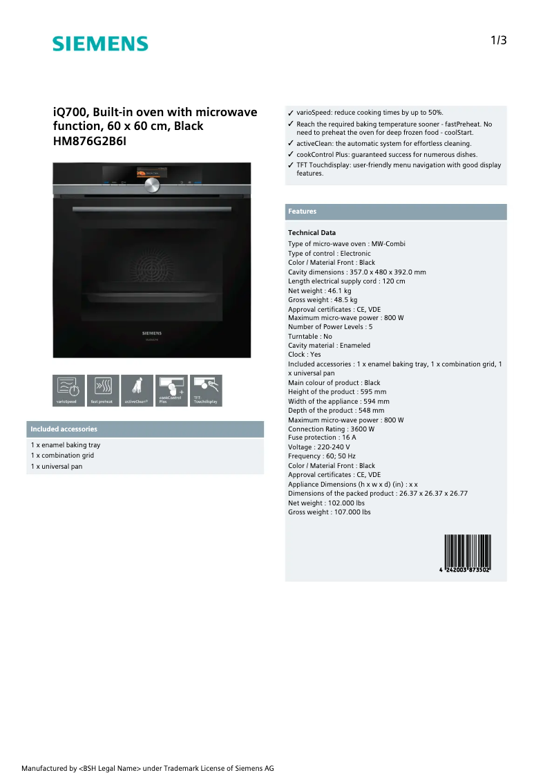 Page n°1 - Manuel utilisateur Siemens HM876G2B6I