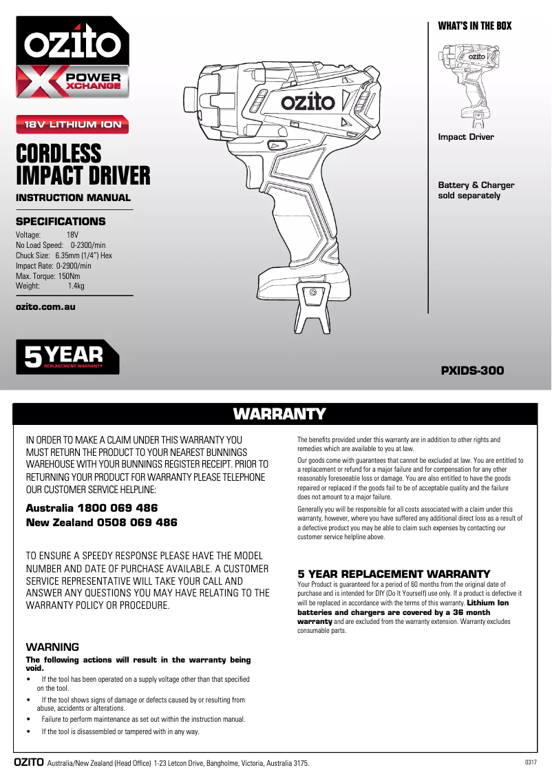 Page 1 de la notice Manuel utilisateur Ozito PXIDS-300