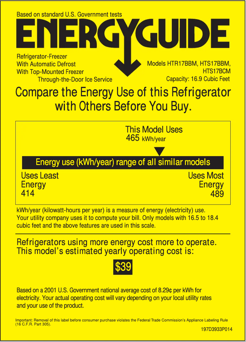 Page 1 de la notice Label énergétique Hotpoint HTS17BCMLCC