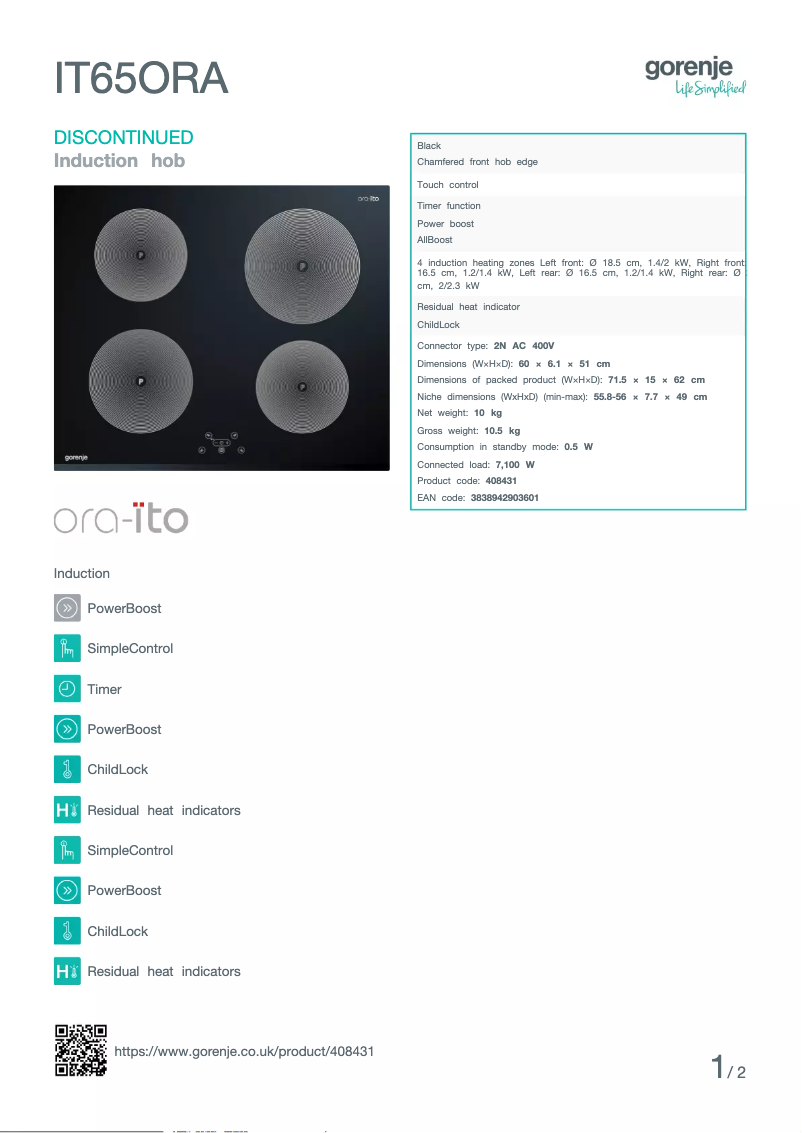 Page n°1 - Fiche technique Gorenje IT65ORA