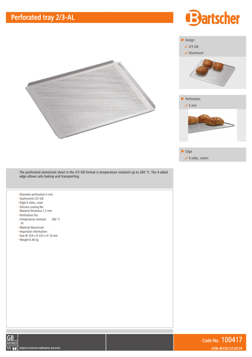 Page 1 de la notice Fiche technique Bartscher 100417