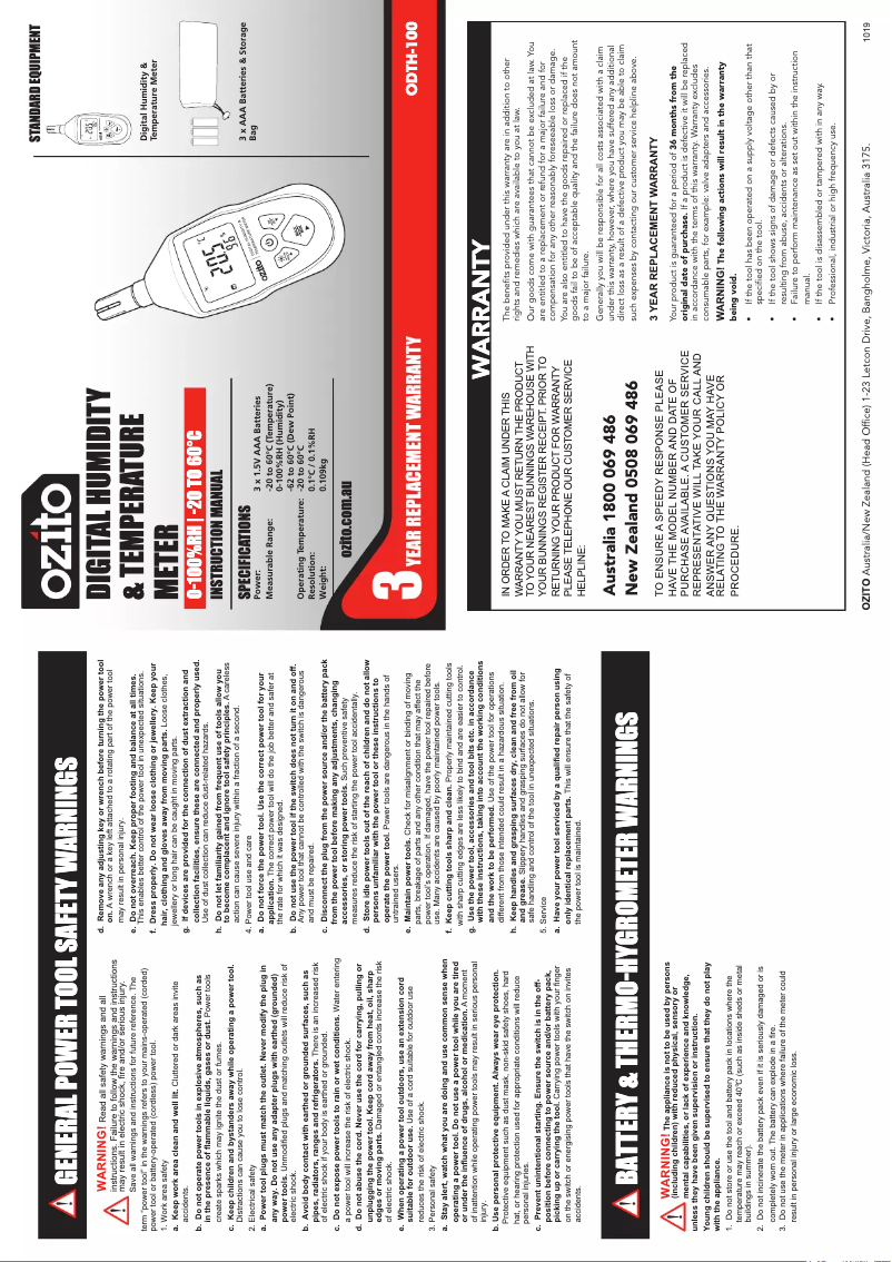 Page n°1 - Manuel utilisateur Ozito ODTH-100