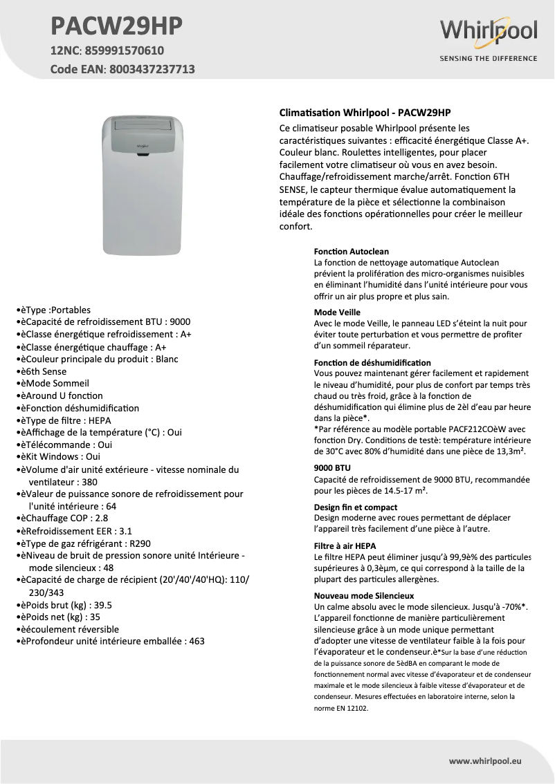 Page 1 de la notice Fiche technique Whirlpool PACW29HP