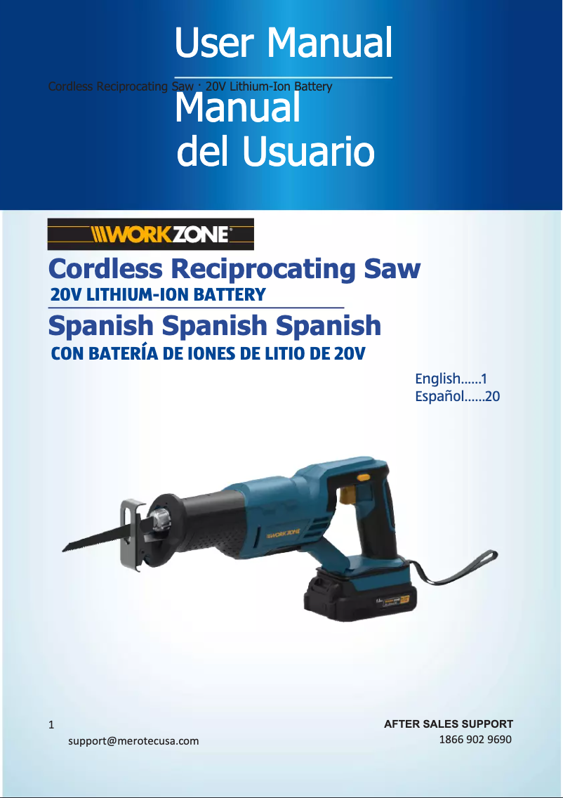 Page n°1 - Manuel utilisateur Workzone 20V Li-Ion Reciprocating Saw PT160501