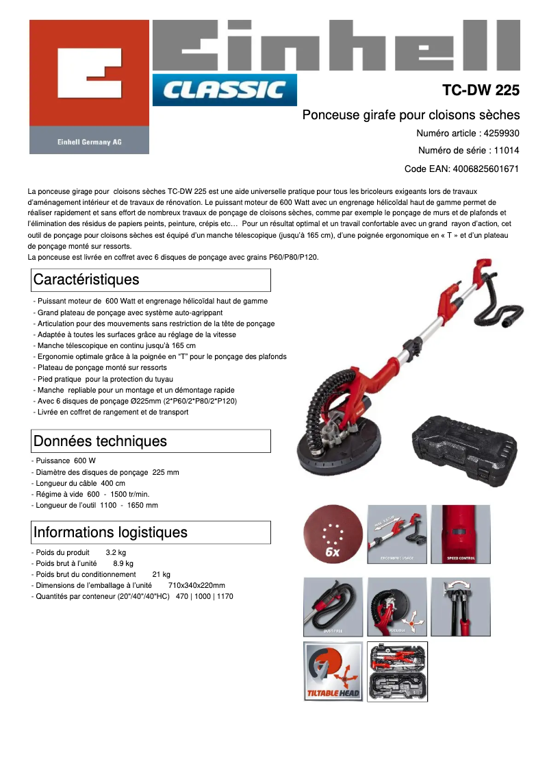 Page 1 de la notice Fiche technique Einhell TC-DW 225