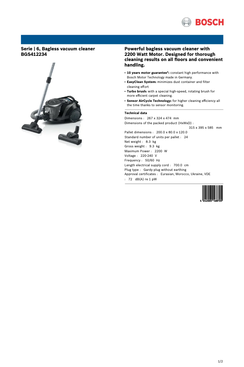 Page n°1 - Fiche technique Bosch BGS412234