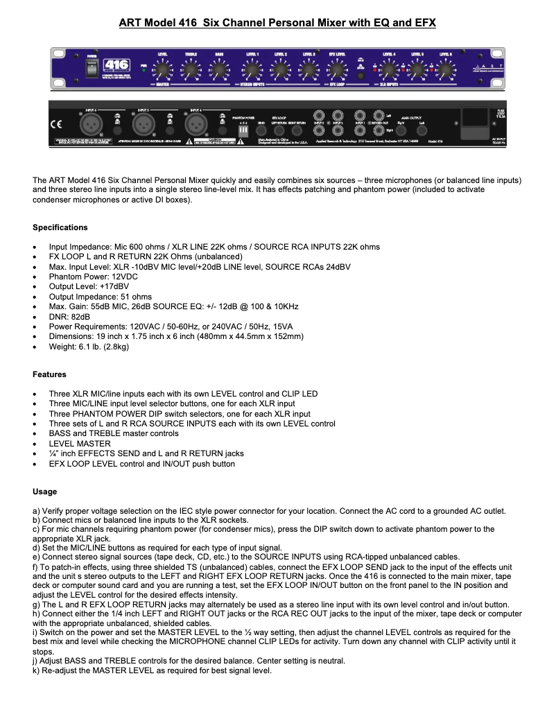 Page n°1 - Manuel utilisateur ART 416
