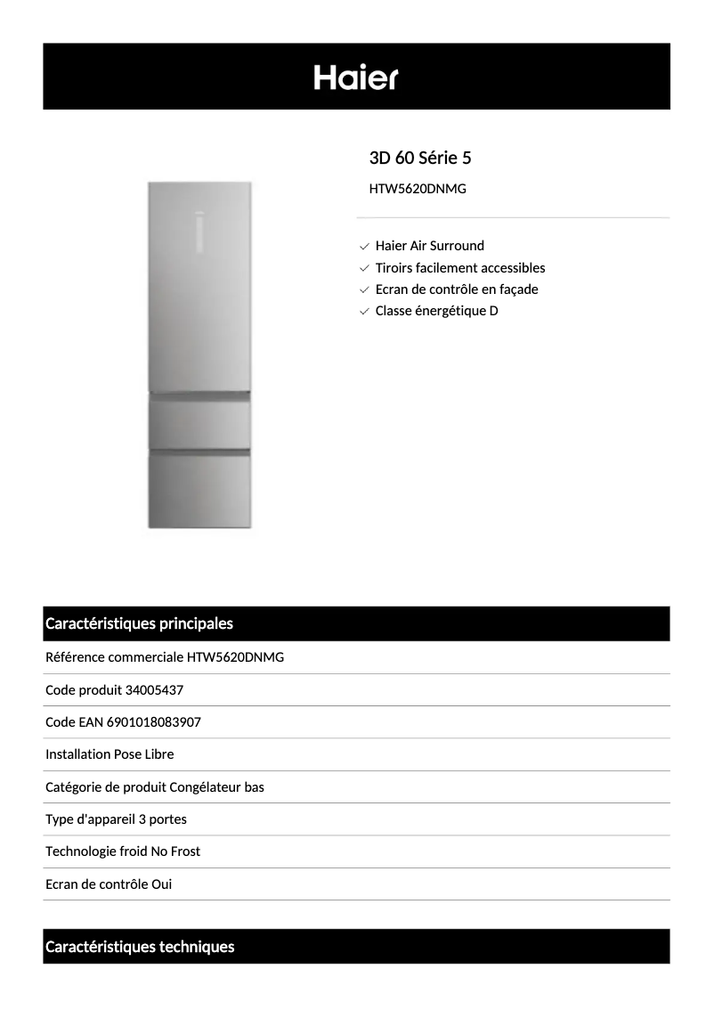 Page 1 de la notice Fiche technique Haier HTW5620DNMG