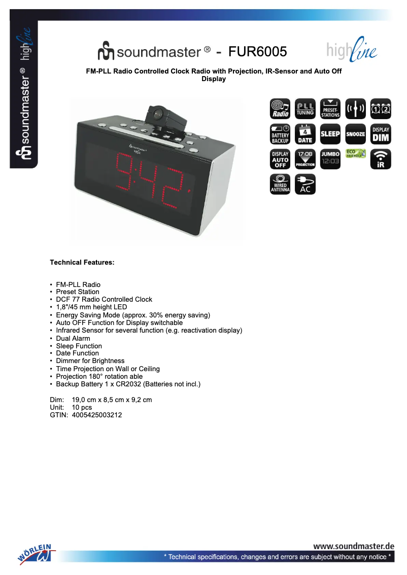 Page 1 de la notice Fiche technique Soundmaster FUR6005