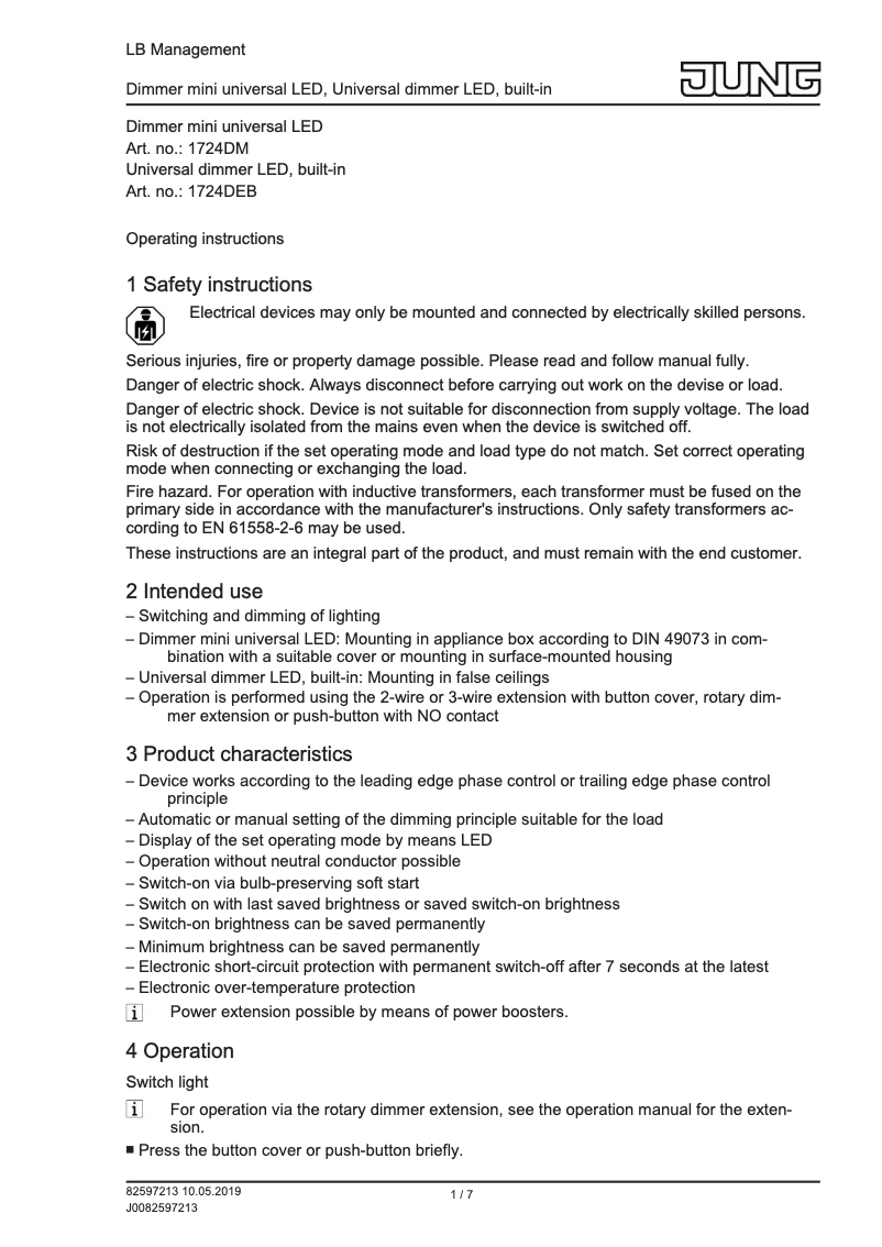 Page 1 de la notice Manuel utilisateur JUNG 1724DEB