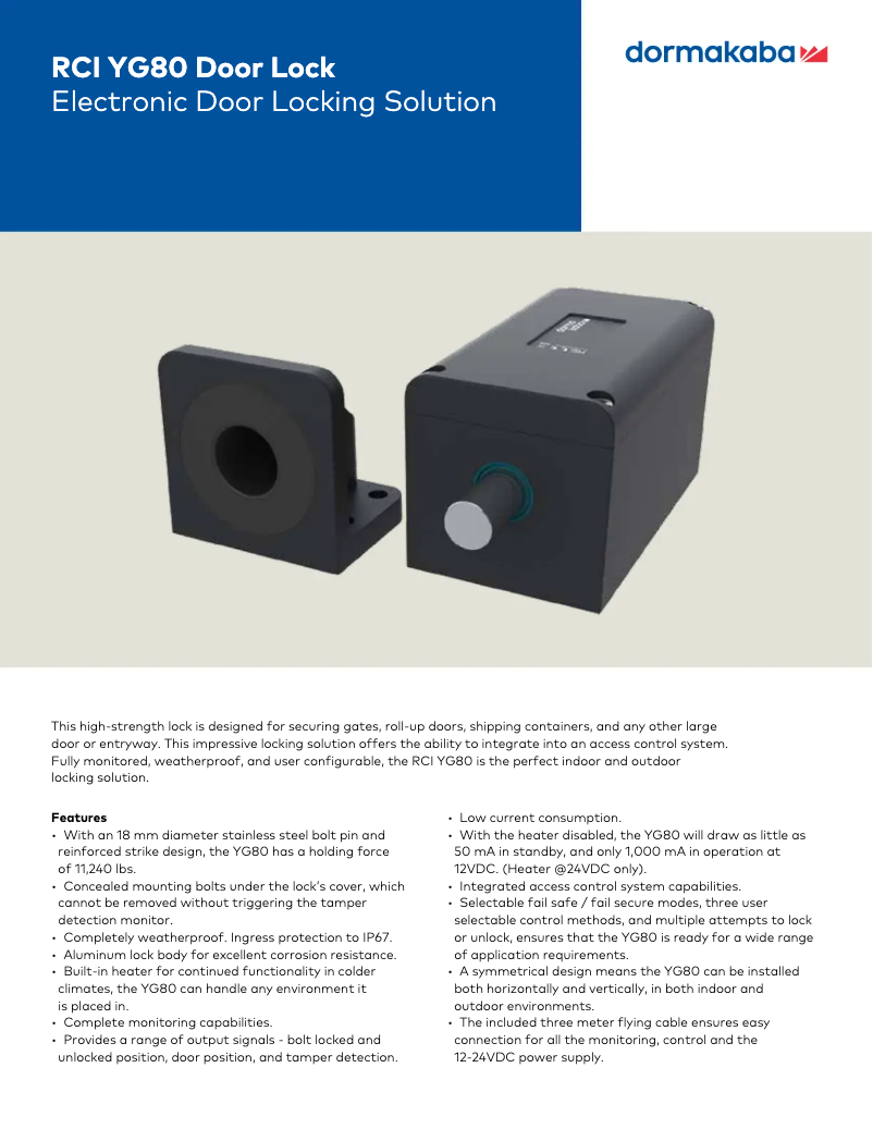Page 1 de la notice Fiche technique Dormakaba RCI YG80