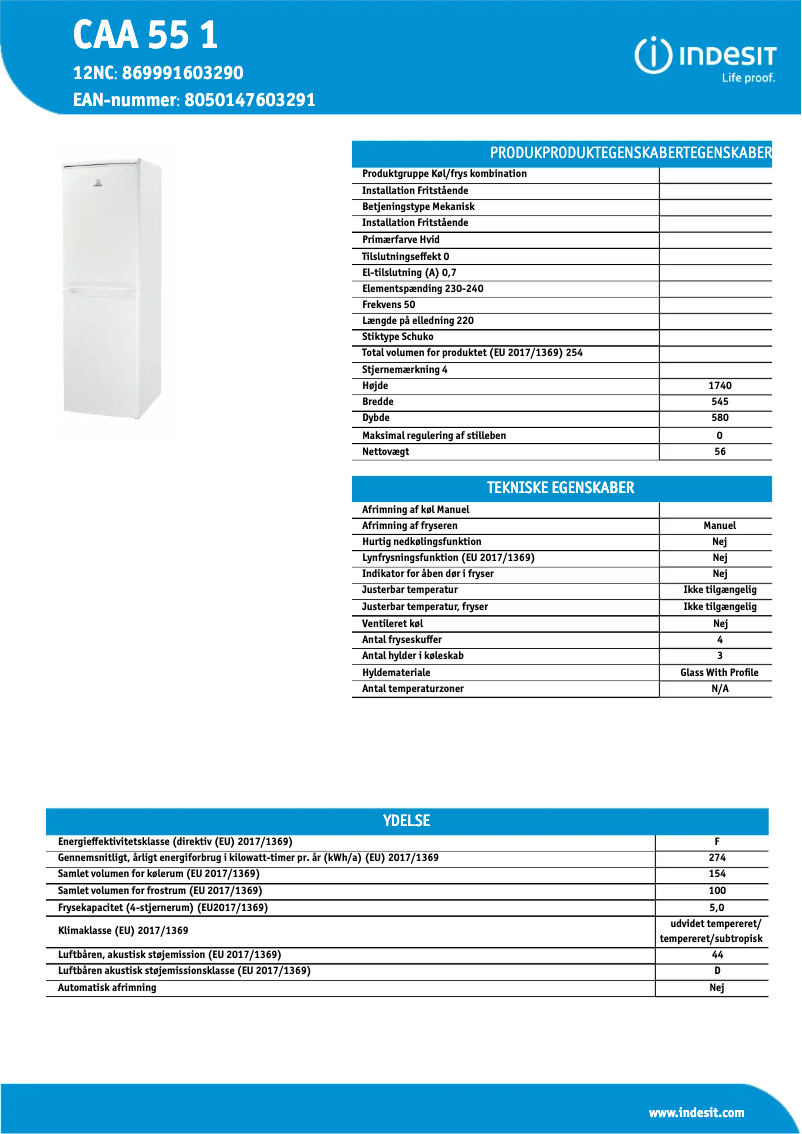 Page 1 de la notice Fiche technique Indesit CAA 55 1