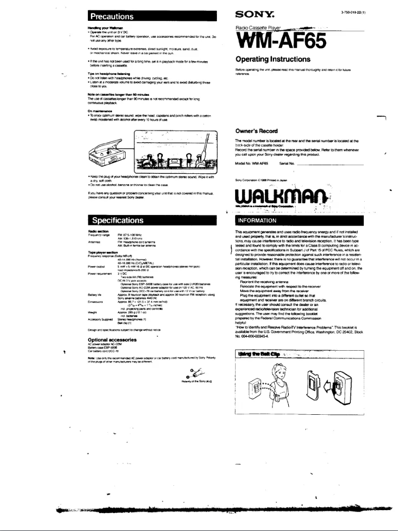 Image de la première page du manuel de l'appareil Walkman WM-AF65