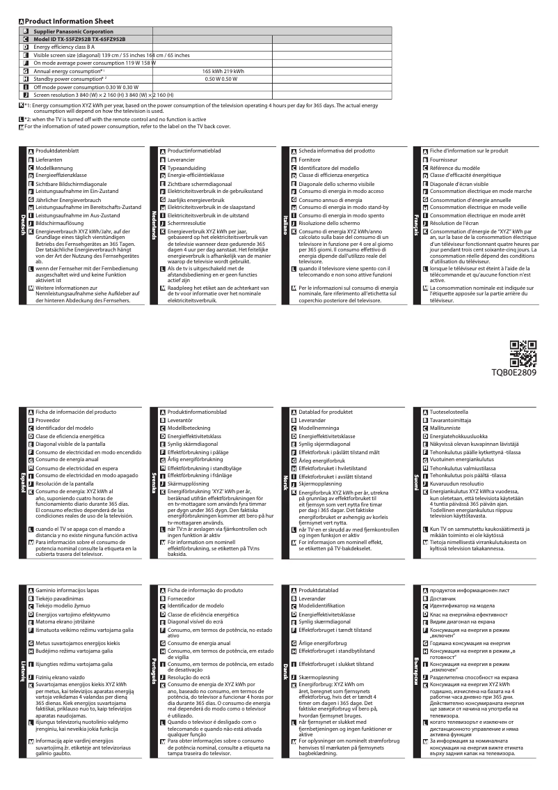 Page 1 de la notice Fiche technique Panasonic TX-55FZ952B