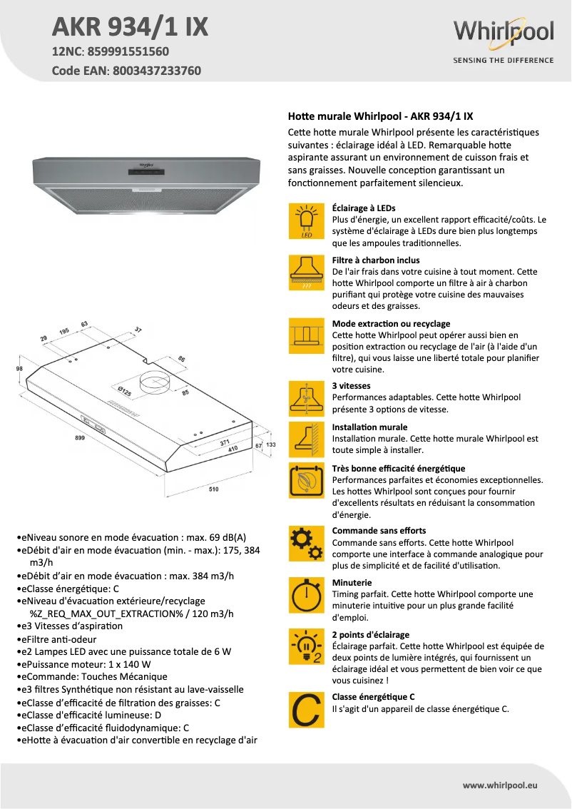 Page 1 de la notice Fiche technique Whirlpool AKR 934/1 IX