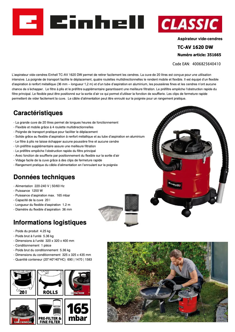 Página 1 del manual Ficha técnica Einhell TC-AV 1620 DW