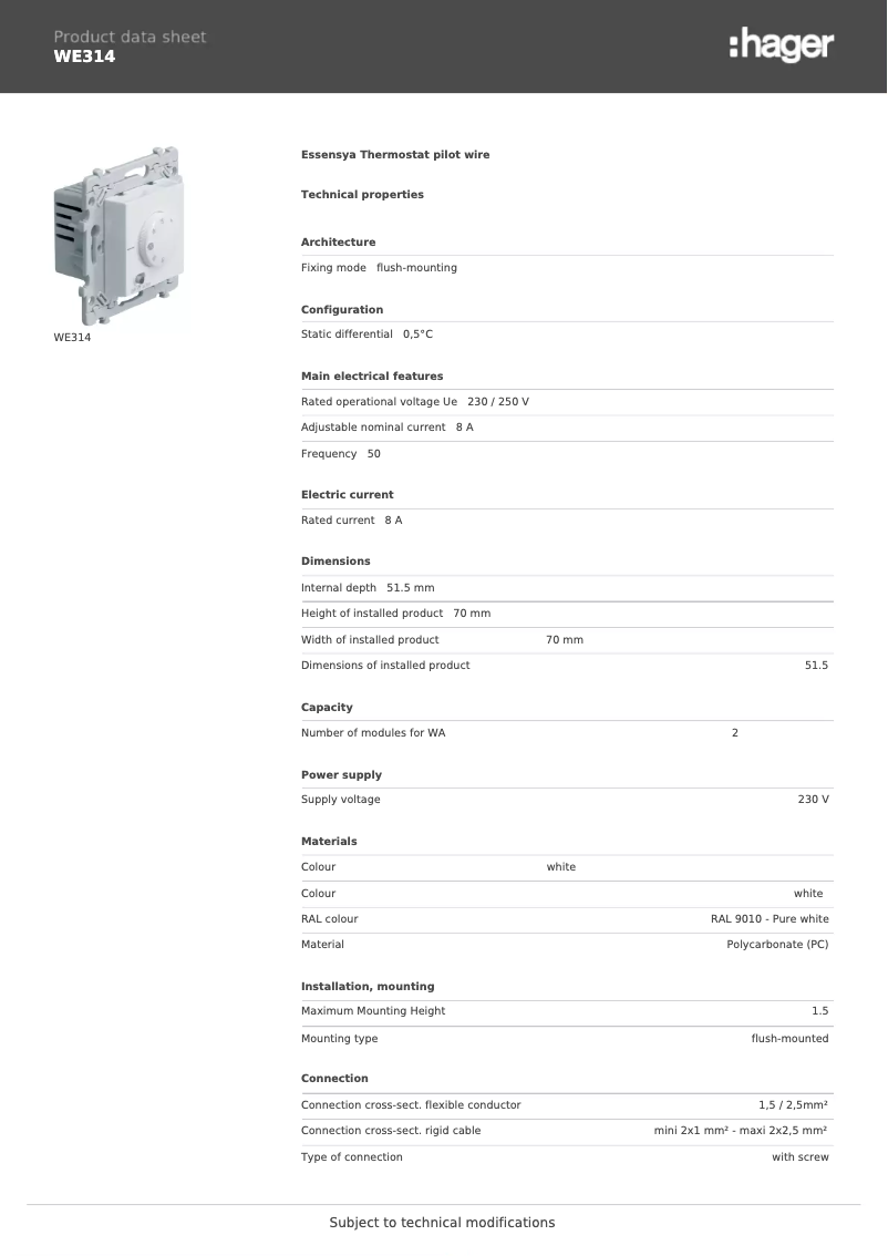 Page 1 de la notice Fiche technique Hager WE314