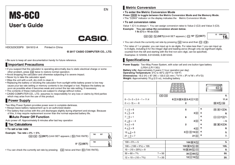Page 1 de la notice Manuel utilisateur Casio MS-6CO