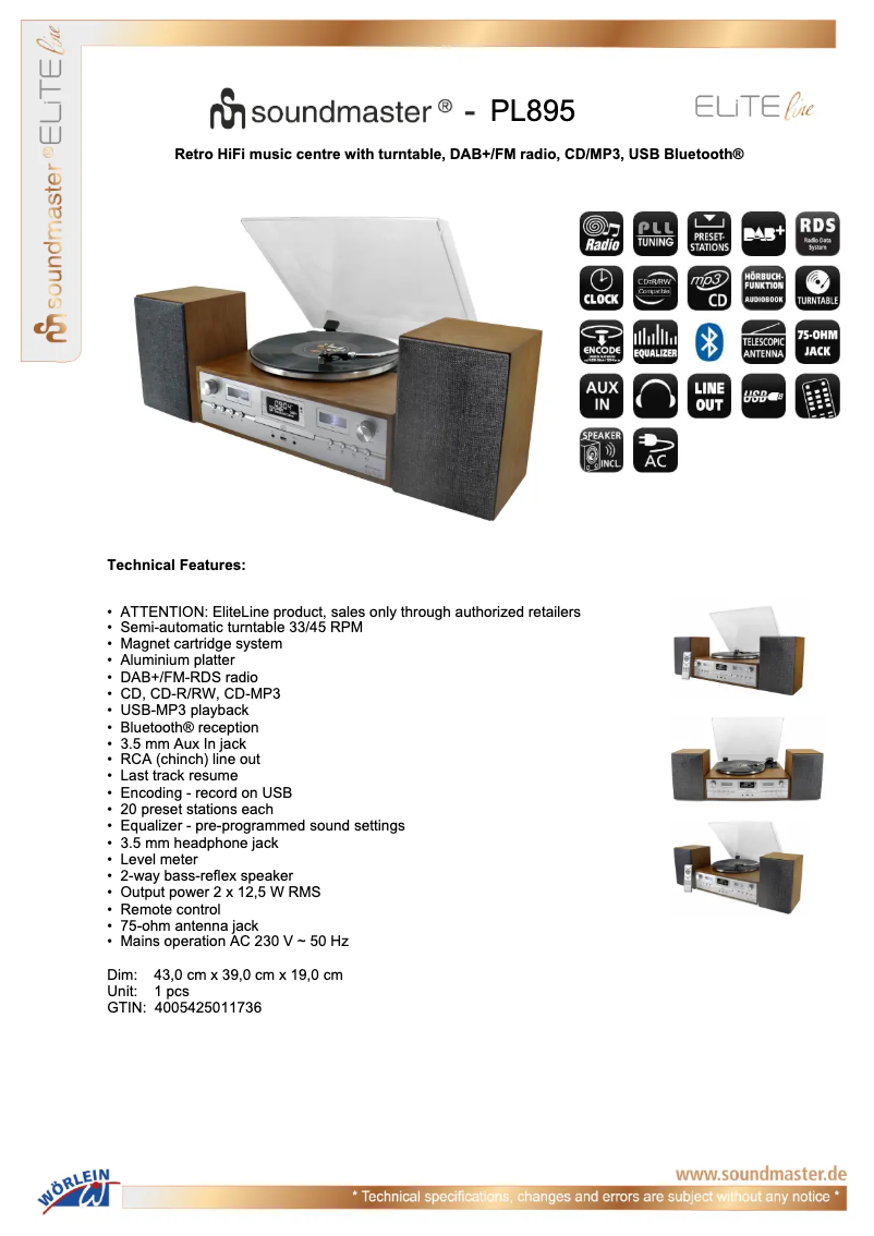 Page 1 de la notice Fiche technique Soundmaster PL895