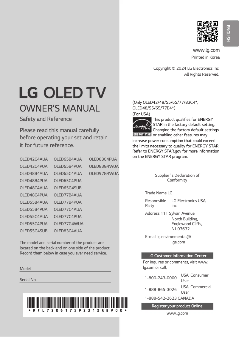 Page 1 de la notice Manuel utilisateur LG OLED48C4AUA