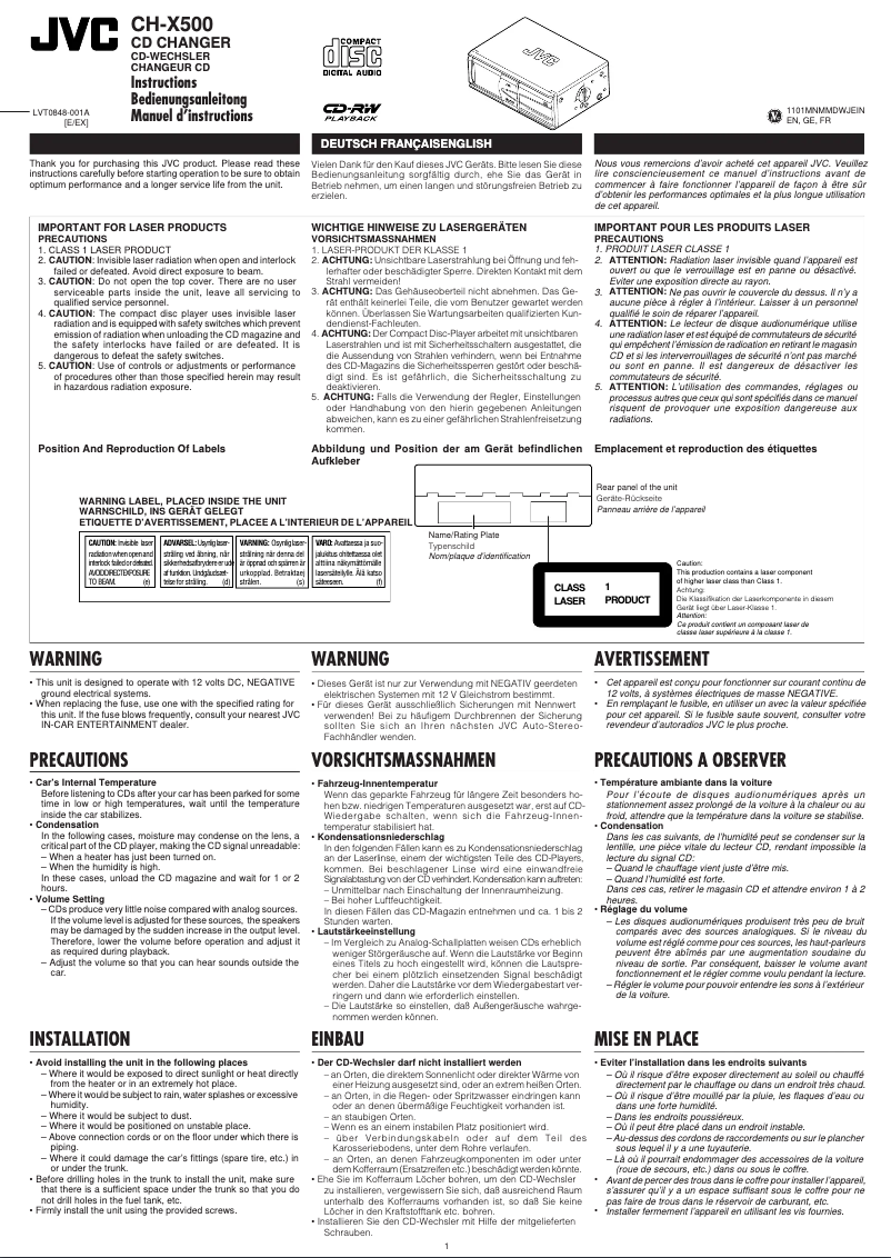 Page n°1 - Manuel utilisateur JVC CH-X500