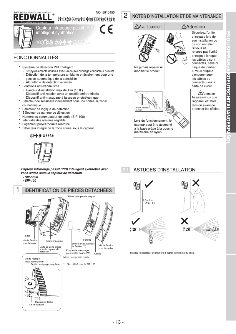 Page 1 de la notice Manuel utilisateur Optex SIP-5030