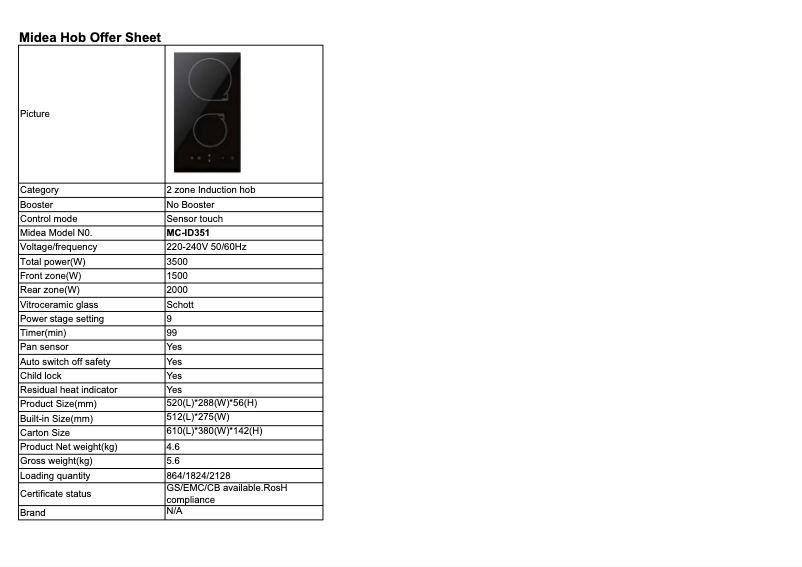 Page 1 de la notice Fiche technique Midea MC-ID351