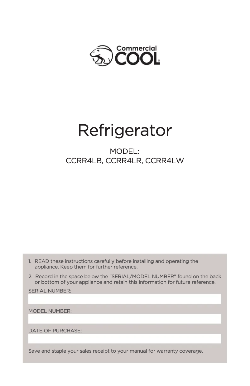 Page n°1 - Manuel utilisateur Commercial Cool CCRR4LR