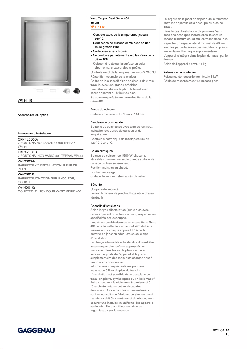 Page 1 de la notice Fiche technique Gaggenau VP414115