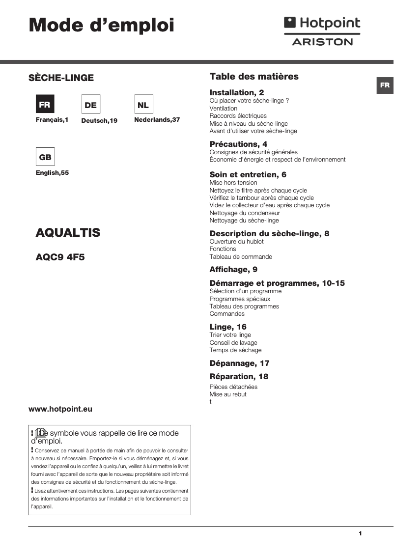 Image de la première page du manuel de l'appareil Aqualtis AQC9 4F5