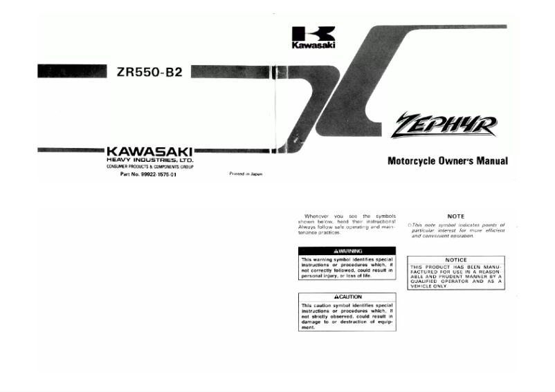 Page 1 de la notice Manuel utilisateur Kawasaki ZR550-B2 (1990)