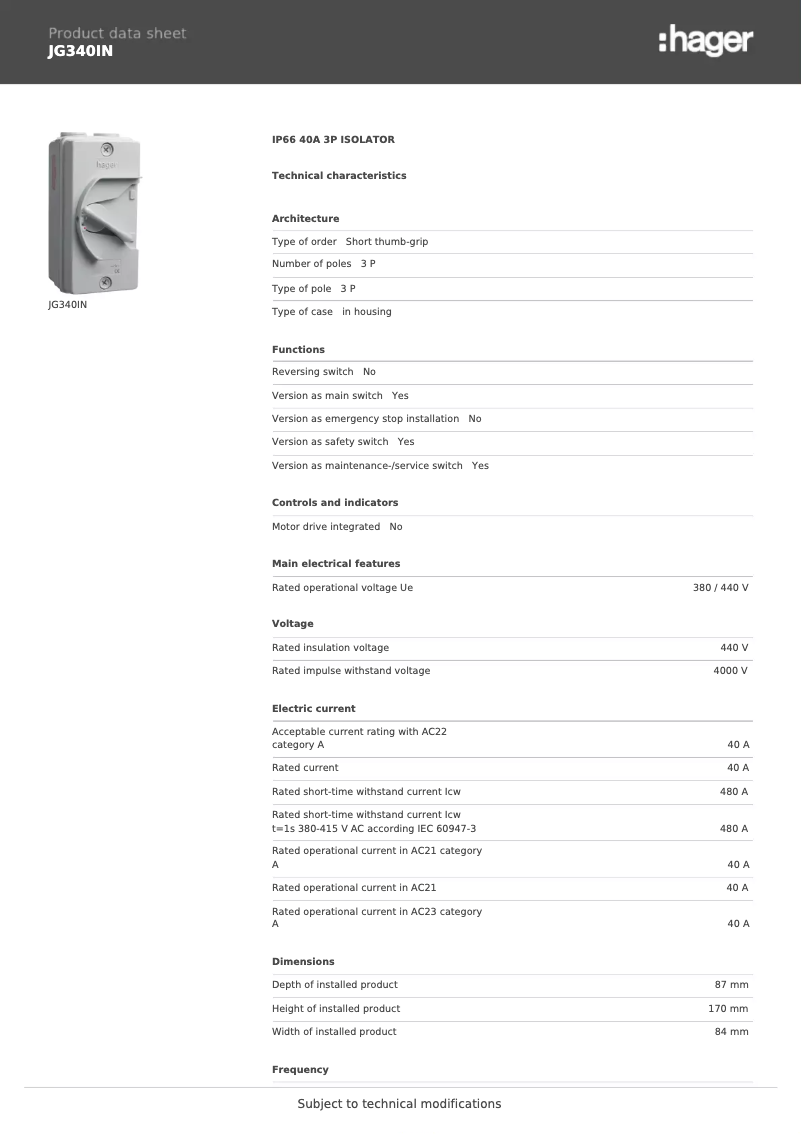 Page 1 de la notice Fiche technique Hager JG340IN