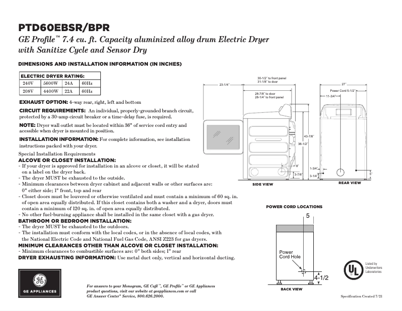 Page 1 de la notice Fiche technique GE Profile PTD60EBSRWS