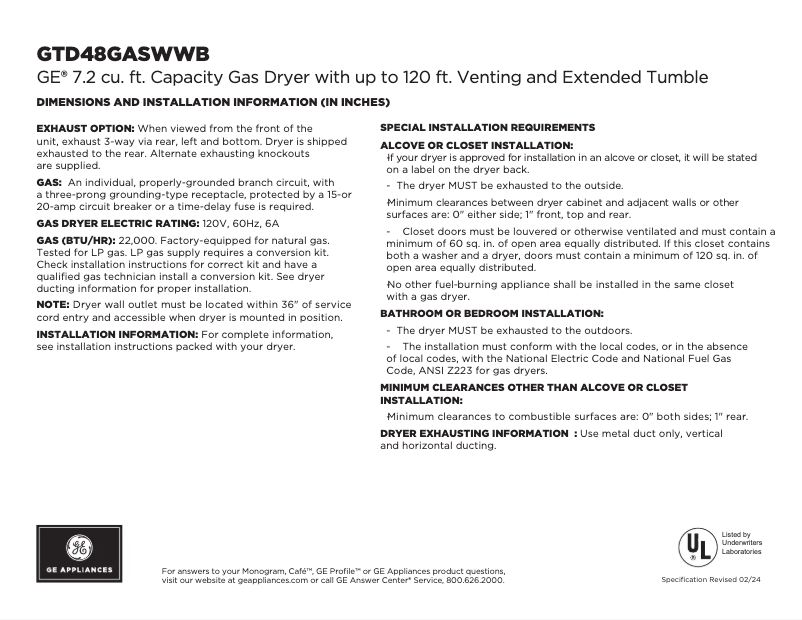Page 1 de la notice Fiche technique GE GTD48GASWWB