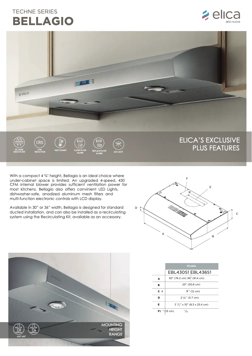 Page 1 de la notice Fiche technique Elica BELLAGIO EBL430WT