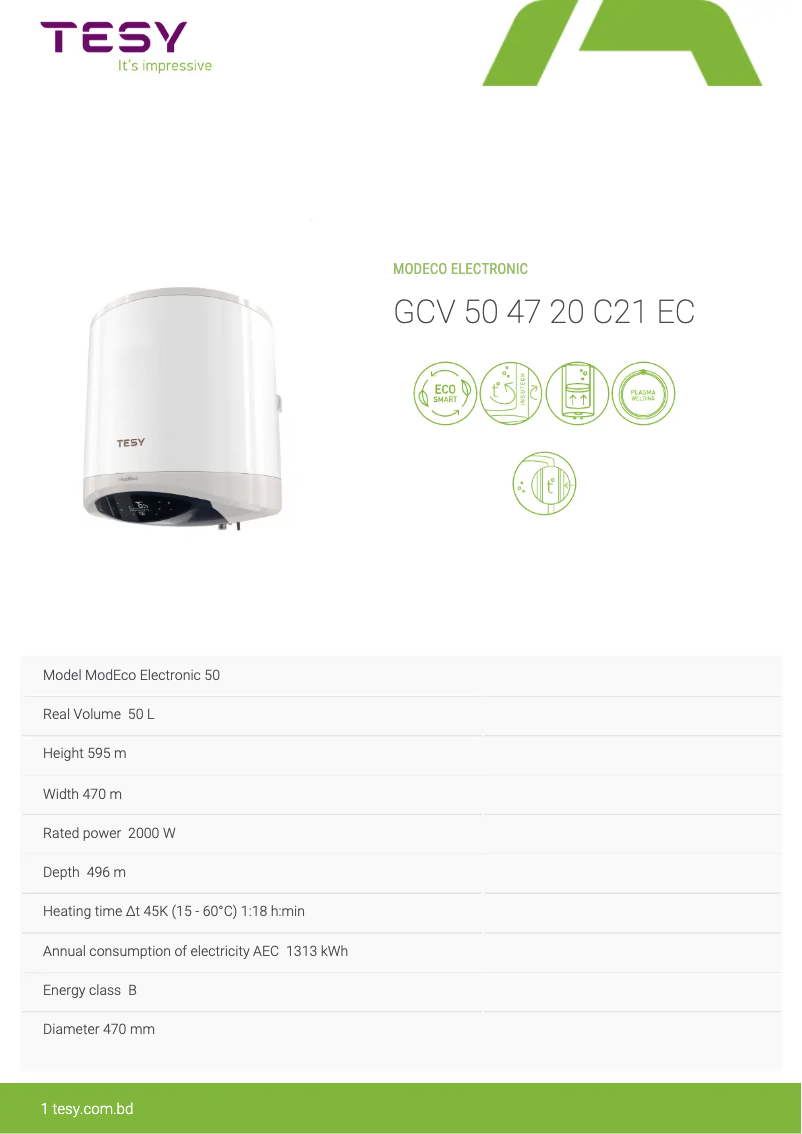 Page 1 de la notice Fiche technique Tesy ModEco Electronic 50