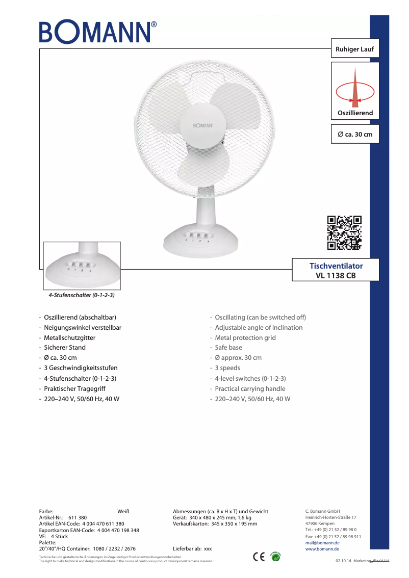 Page n°1 - Fiche technique Bomann VL 1138 CB