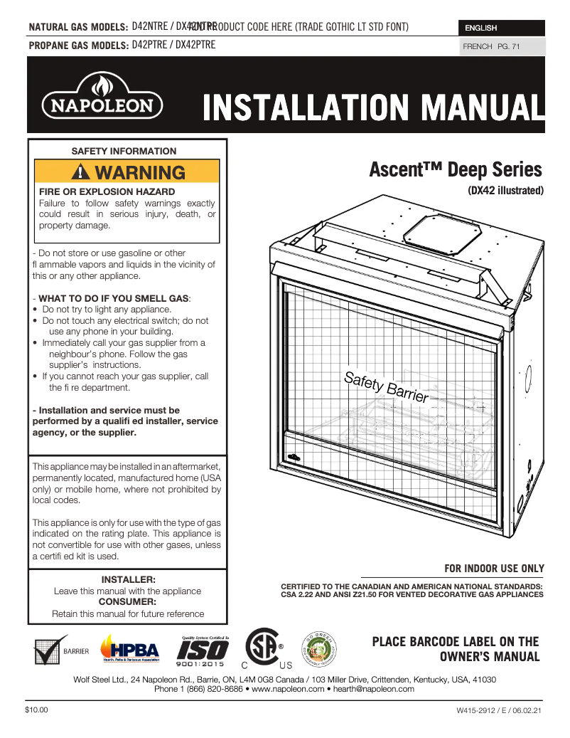 Page n°1 - Manuel utilisateur Napoleon Ascent Deep X 42