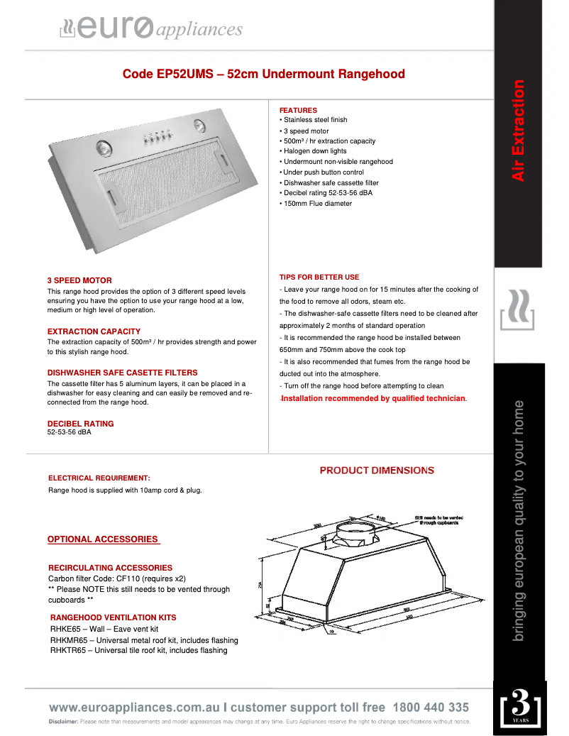 Page n°1 - Fiche technique Euro Appliances EP52UMS