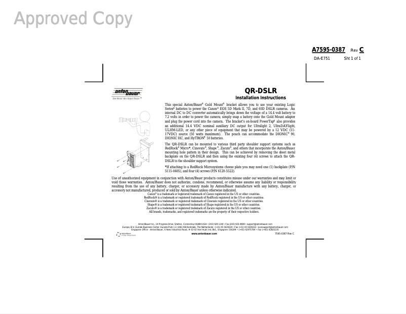 Page n°1 - Manuel utilisateur Anton/Bauer QR-DSLR