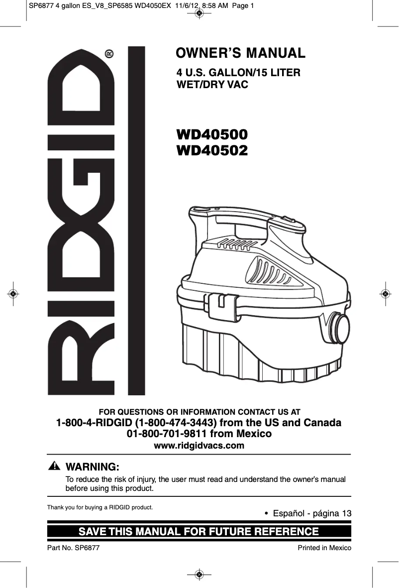 Page n°1 - Manuel utilisateur Ridgid WD40500