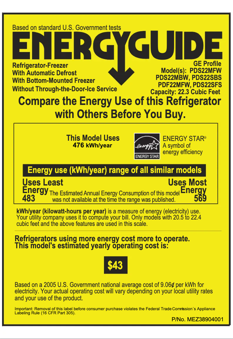 Page n°1 - Label énergétique GE Profile PDS22SFSLSS