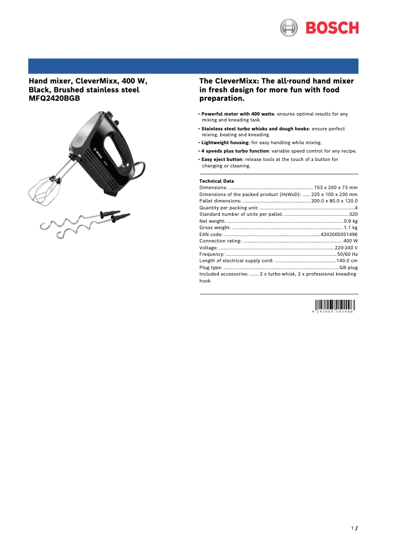 Page 1 de la notice Fiche technique Bosch MFQ2420B