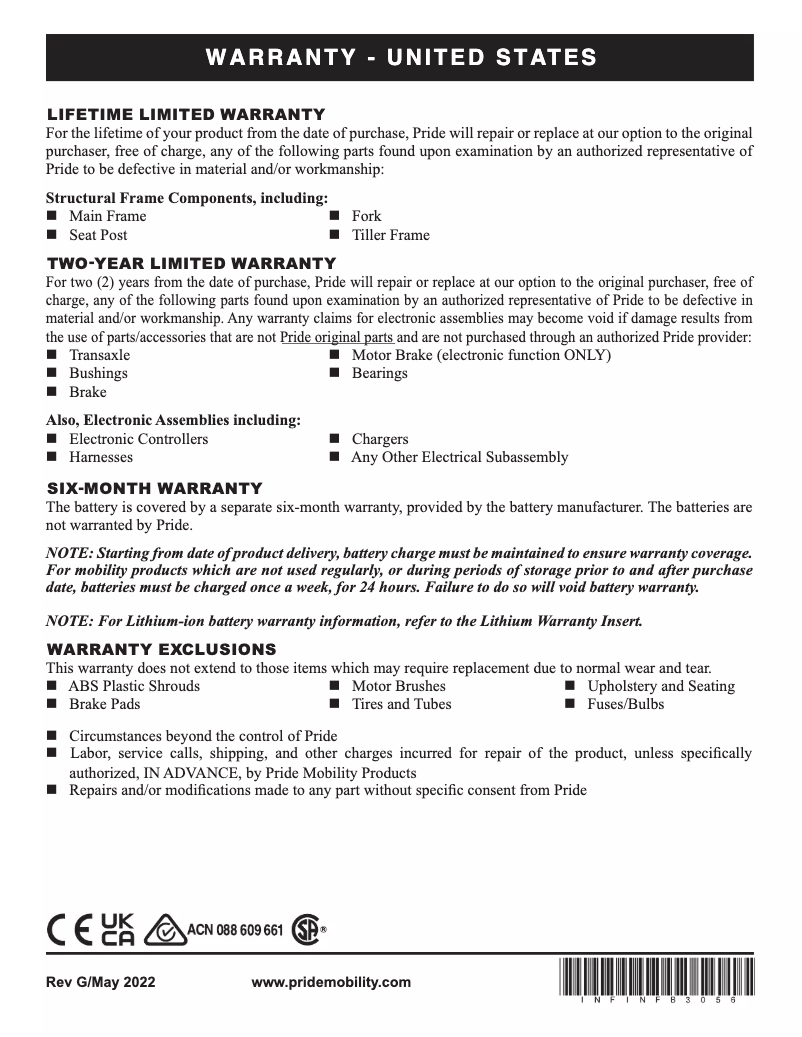 Page 1 de la notice Informations de garantie Baja Mobility Bandit