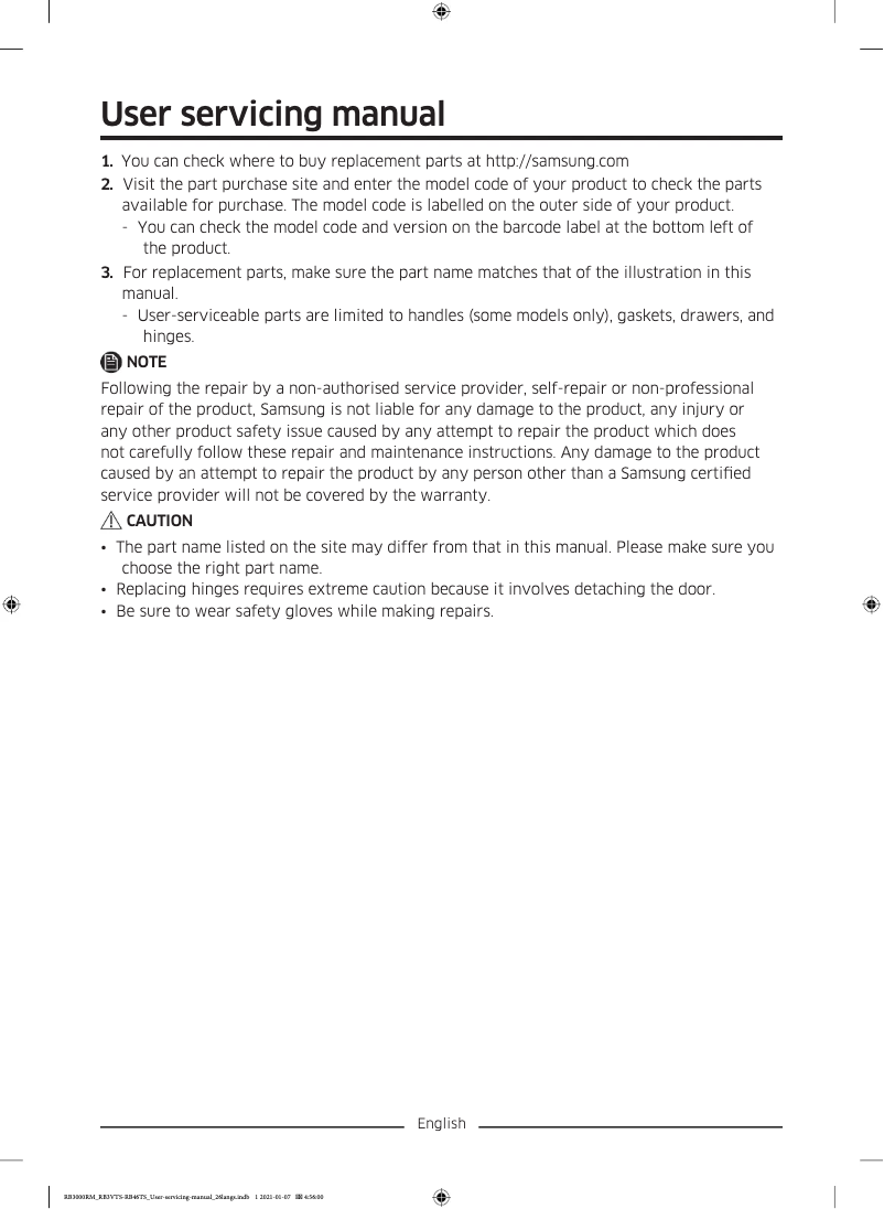 Page 1 de la notice Manuel utilisateur Samsung RB3VTS154SA