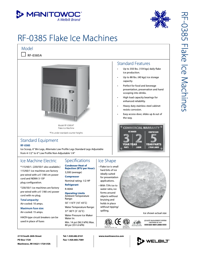Page n°1 - Fiche technique Manitowoc RF-0385A
