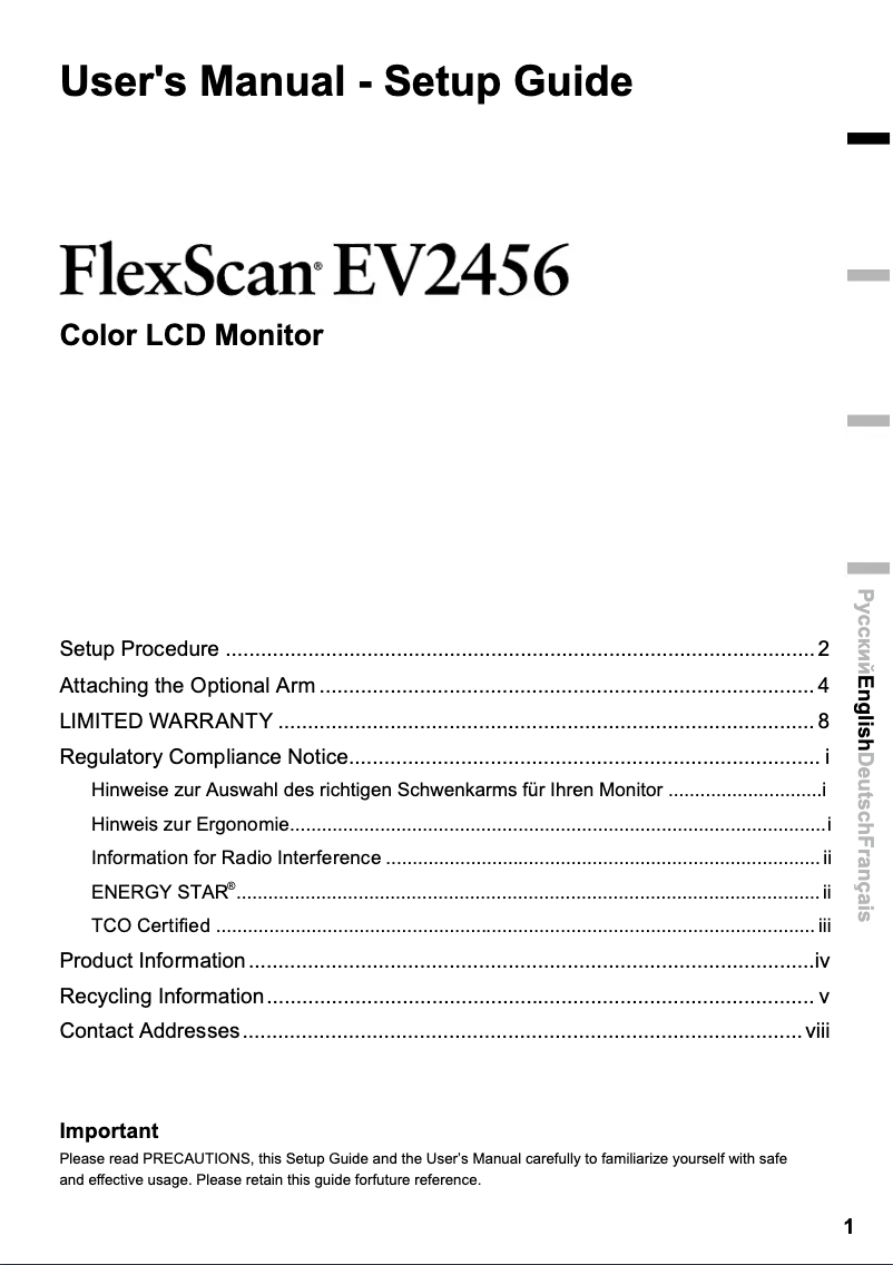Page n°1 - Guide d'installation Eizo FlexScan EV2456